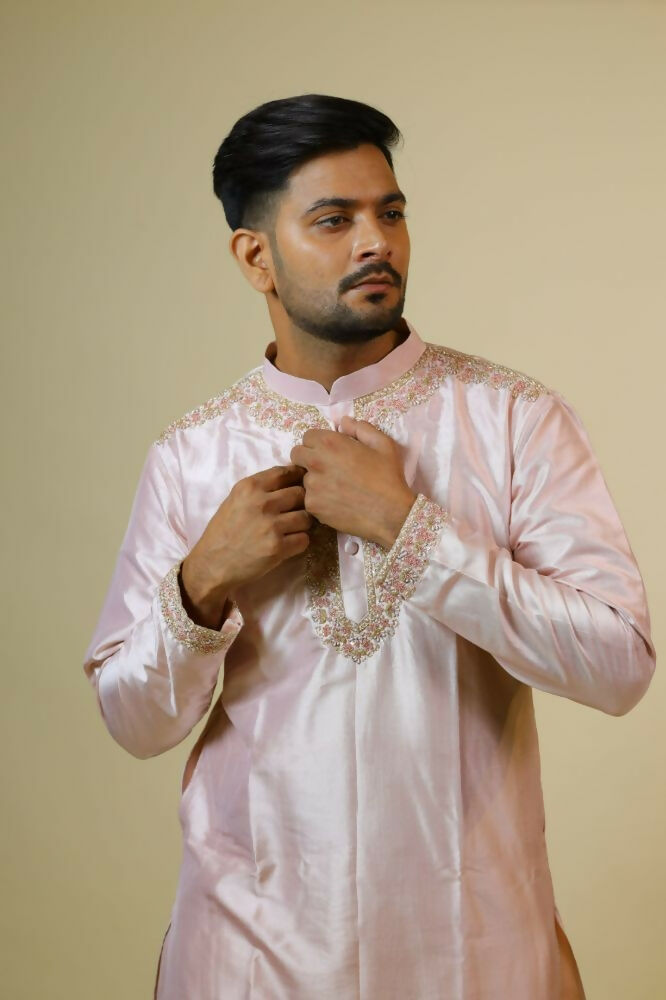 Light Coral Embroidered Collar Designer Kurta by Hilo Design | Grocsy