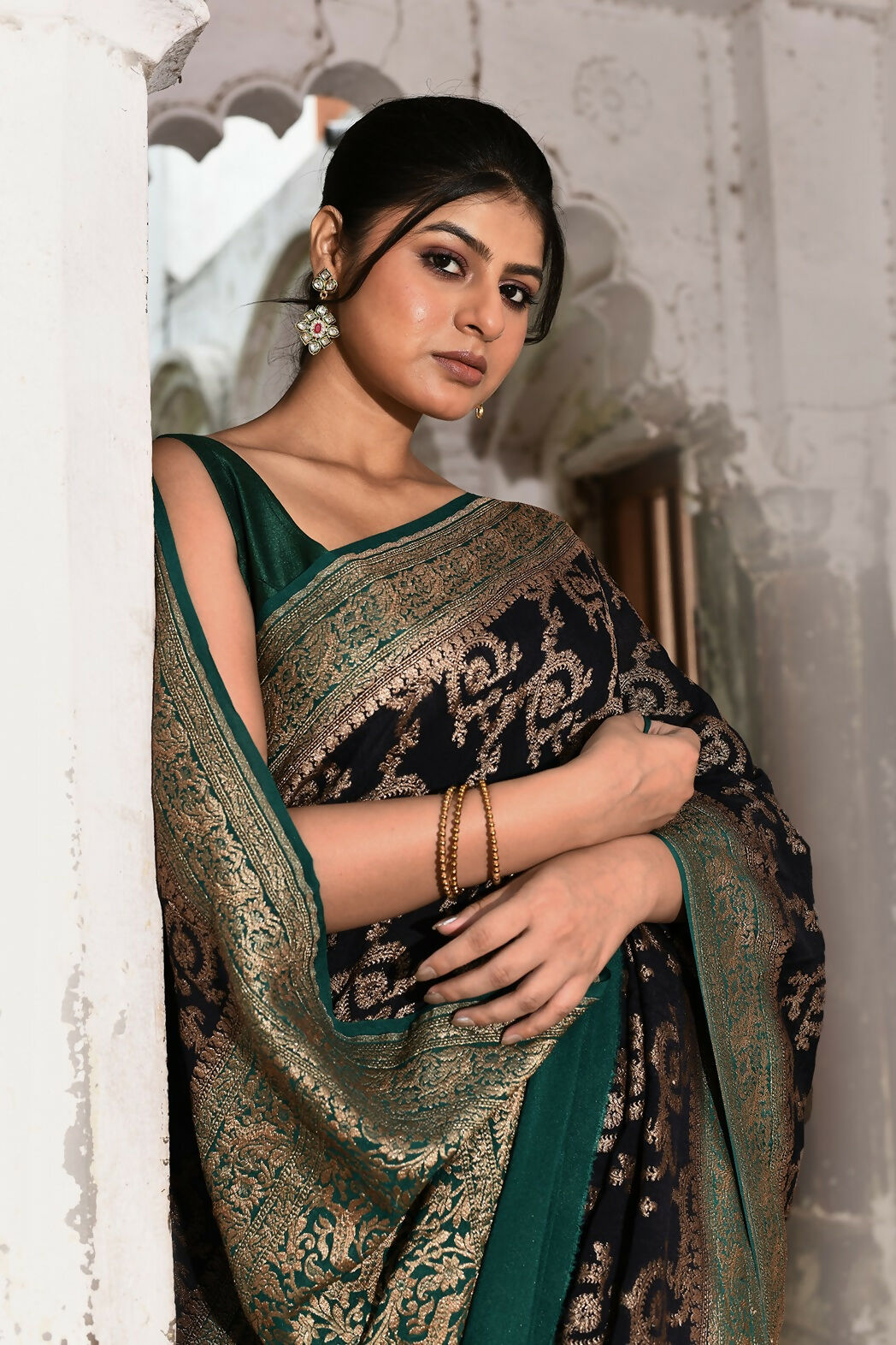 Joban Fashion Navy Blue Crepe Chiffon Pure Handloom Banarasi Silk Saree | Grocsy