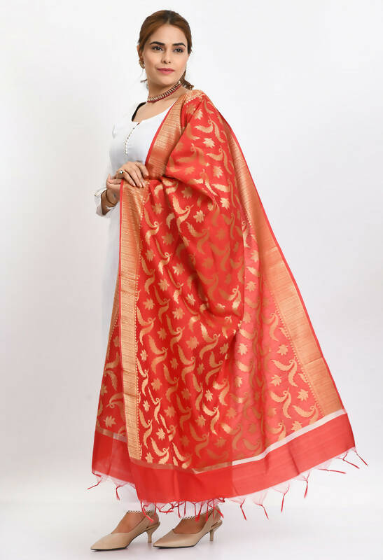 Mominos Fashion Moeza Women's Banarsi Silk Floral Woven Design Red Dupatta | Grocsy