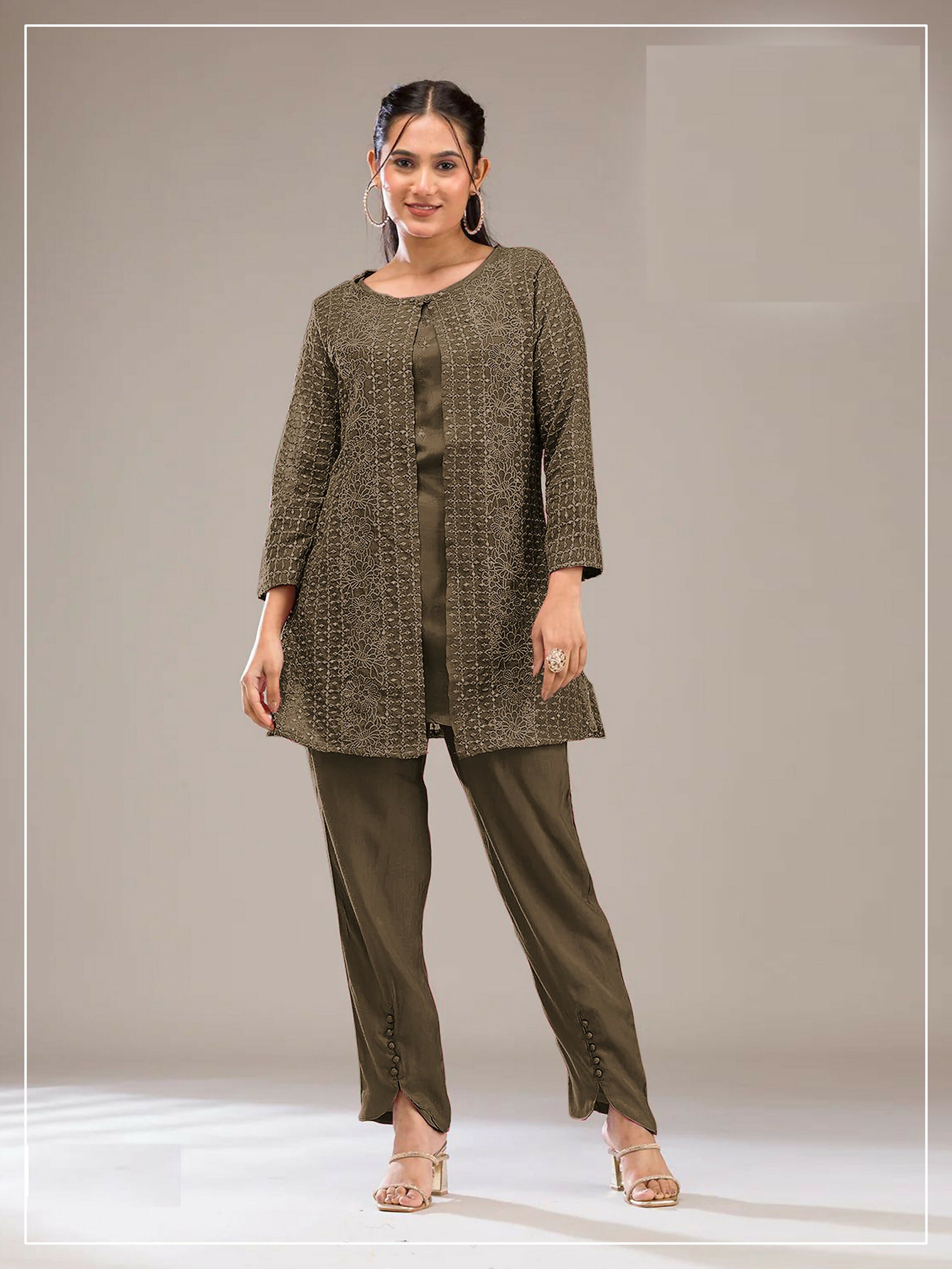 Teeya Creation Mehendi Color Faux Georgette Party Wear Designer Co Ord Set | Grocsy