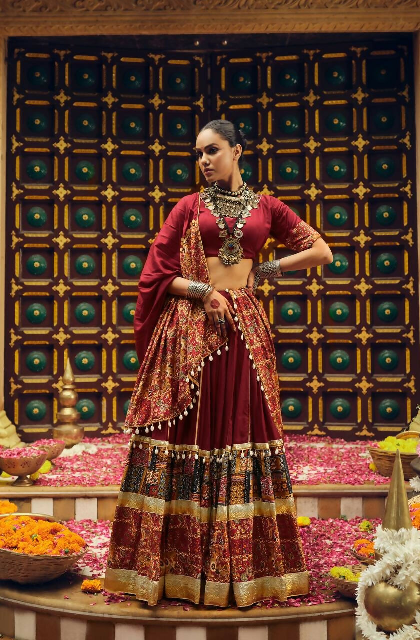 Teeya Creation Maroon Colour Rayon Silk Digital Print Fully Stitched Navratri Lehenga | Grocsy