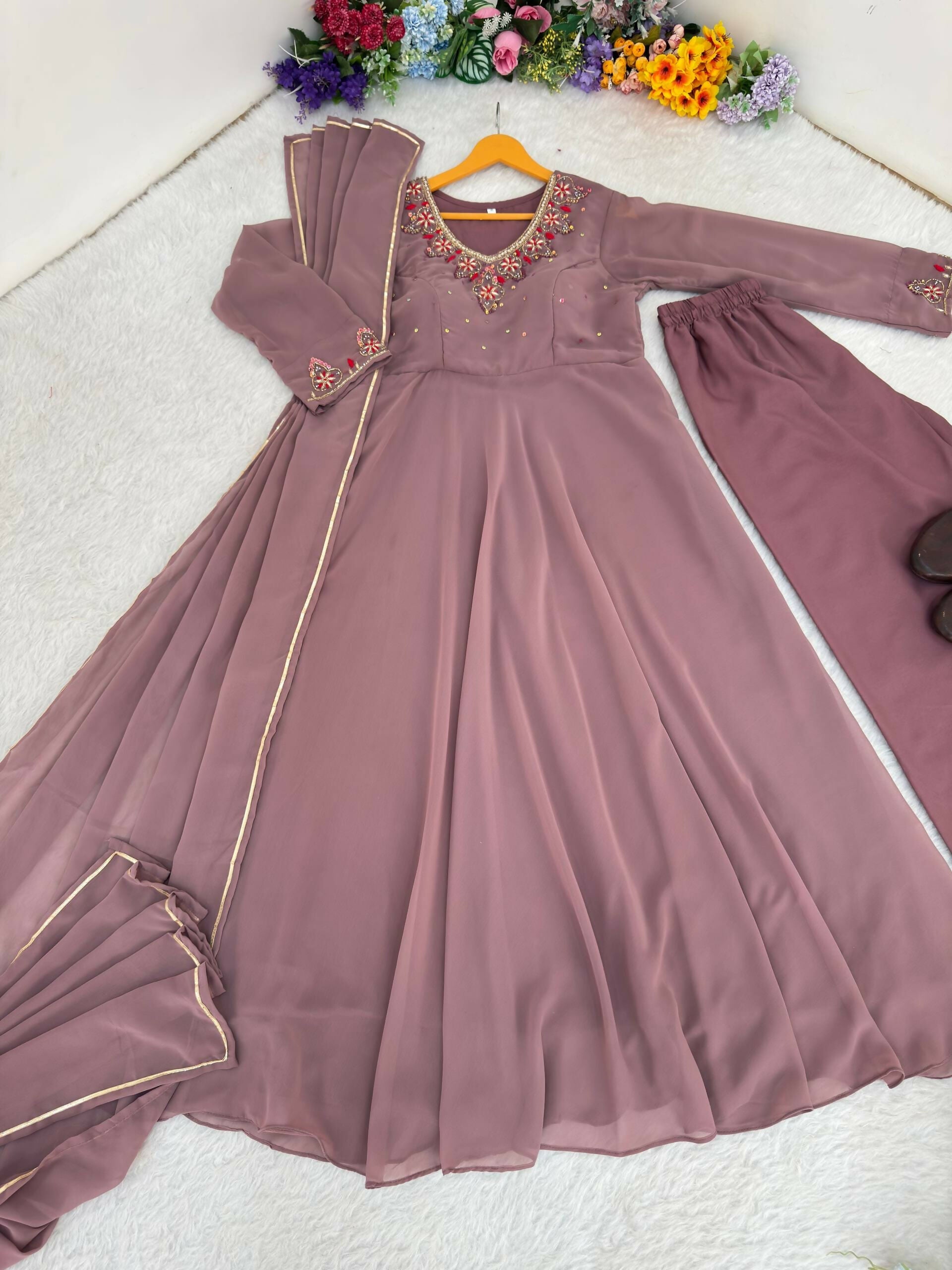 Teeya Creation Womens New Fancy Fox Georgette Heavy Quality Fabric With Handwork Gown Set | Grocsy