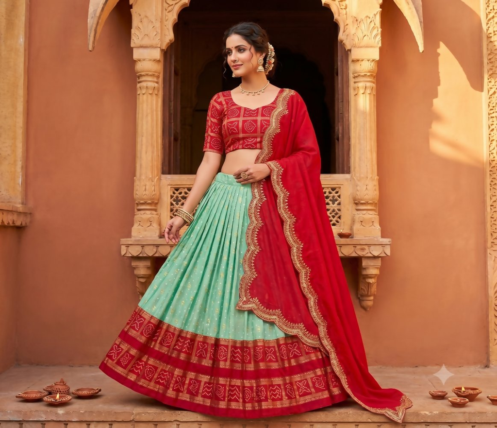 Teeya Creation Ethnic Sky Blue Lehenga Choli with Scalloped Border Dupatta | Grocsy