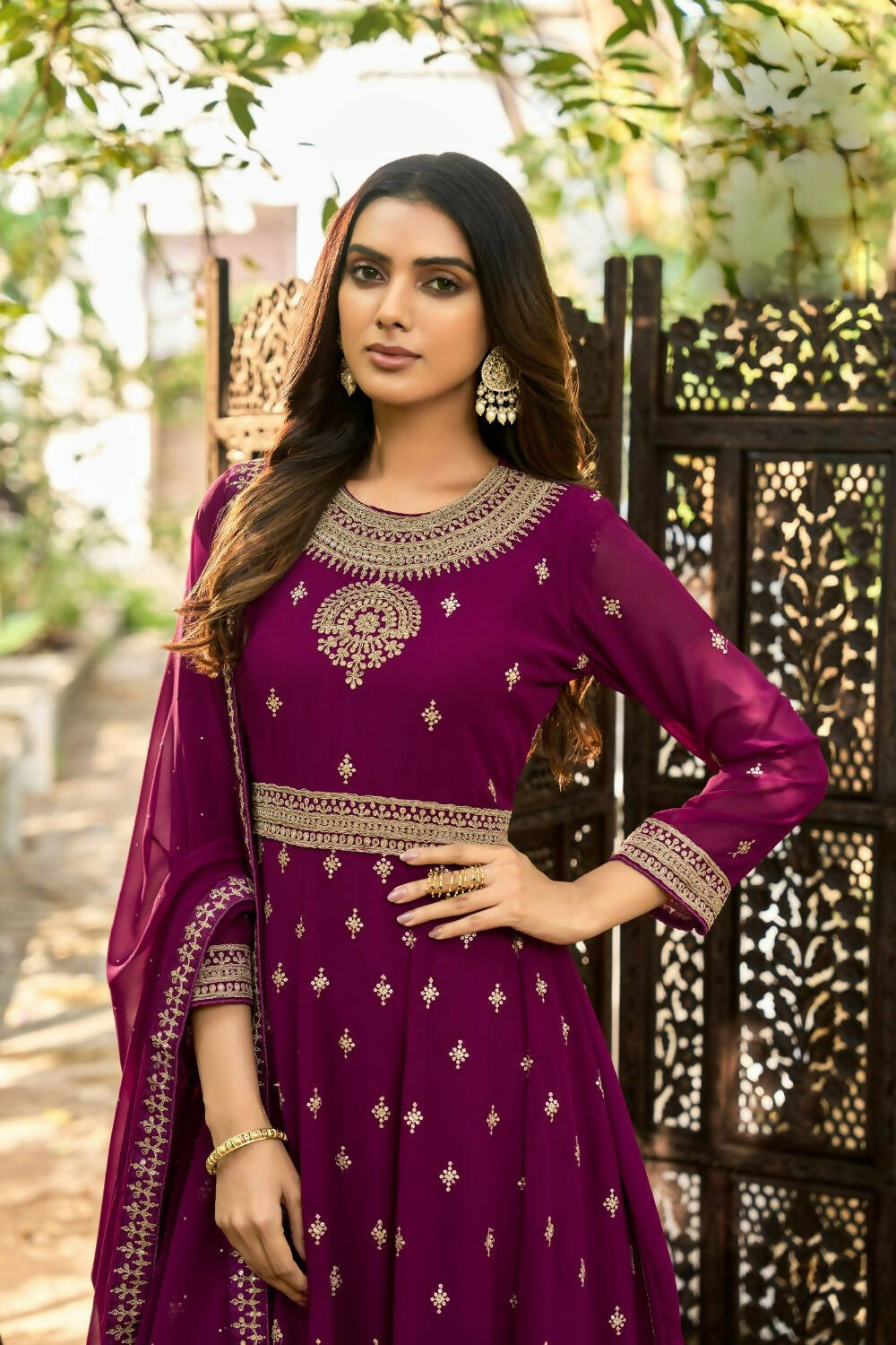 Wine Heavy Faux Georgette Anarkali Embroidered Kurta Set - Dhvani | Grocsy