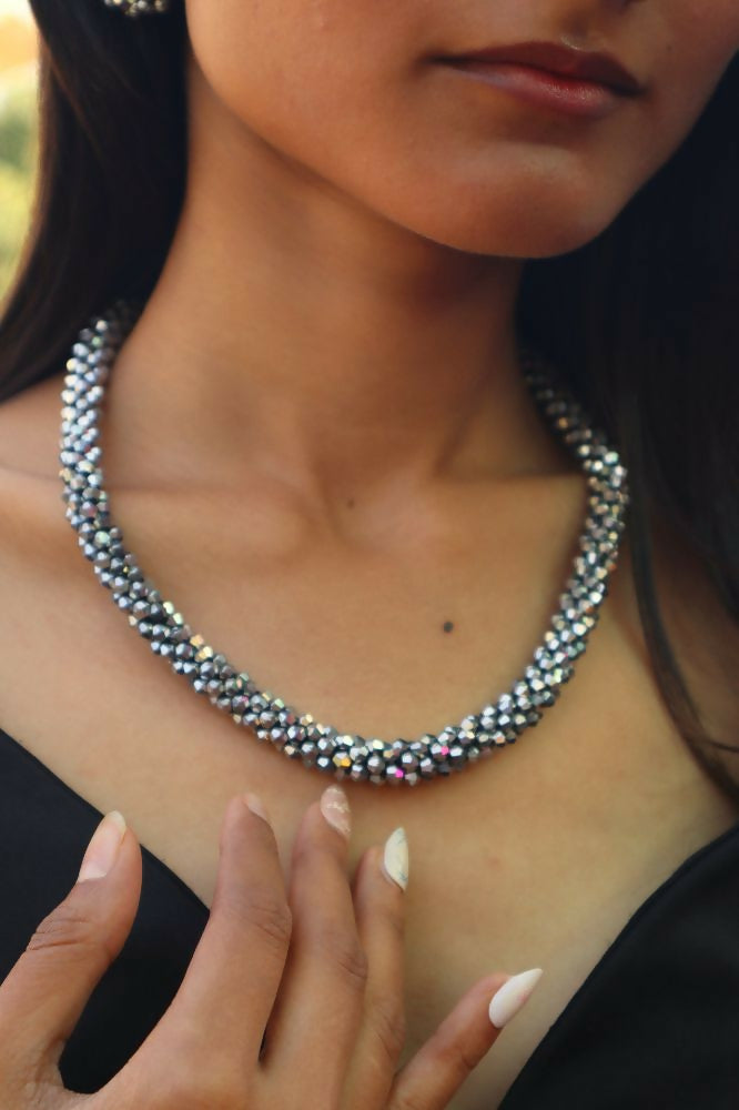 Inhanns Noor-E-Jalwa – Handmade Crystal Bead Necklace / Necklace With Earrings -Adjustable - Titanium | Grocsy