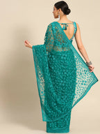 Sea Green Woven Design Net Saree with Blouse Piece - Kalamkari | Grocsy
