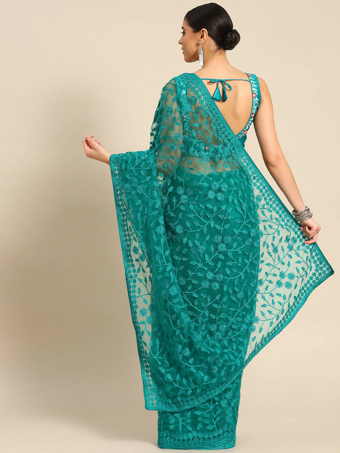 Sea Green Woven Design Net Saree with Blouse Piece - Kalamkari | Grocsy