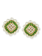 Pearl Kundan Studs with Green Stone Detailing- Ruby Raang | Grocsy