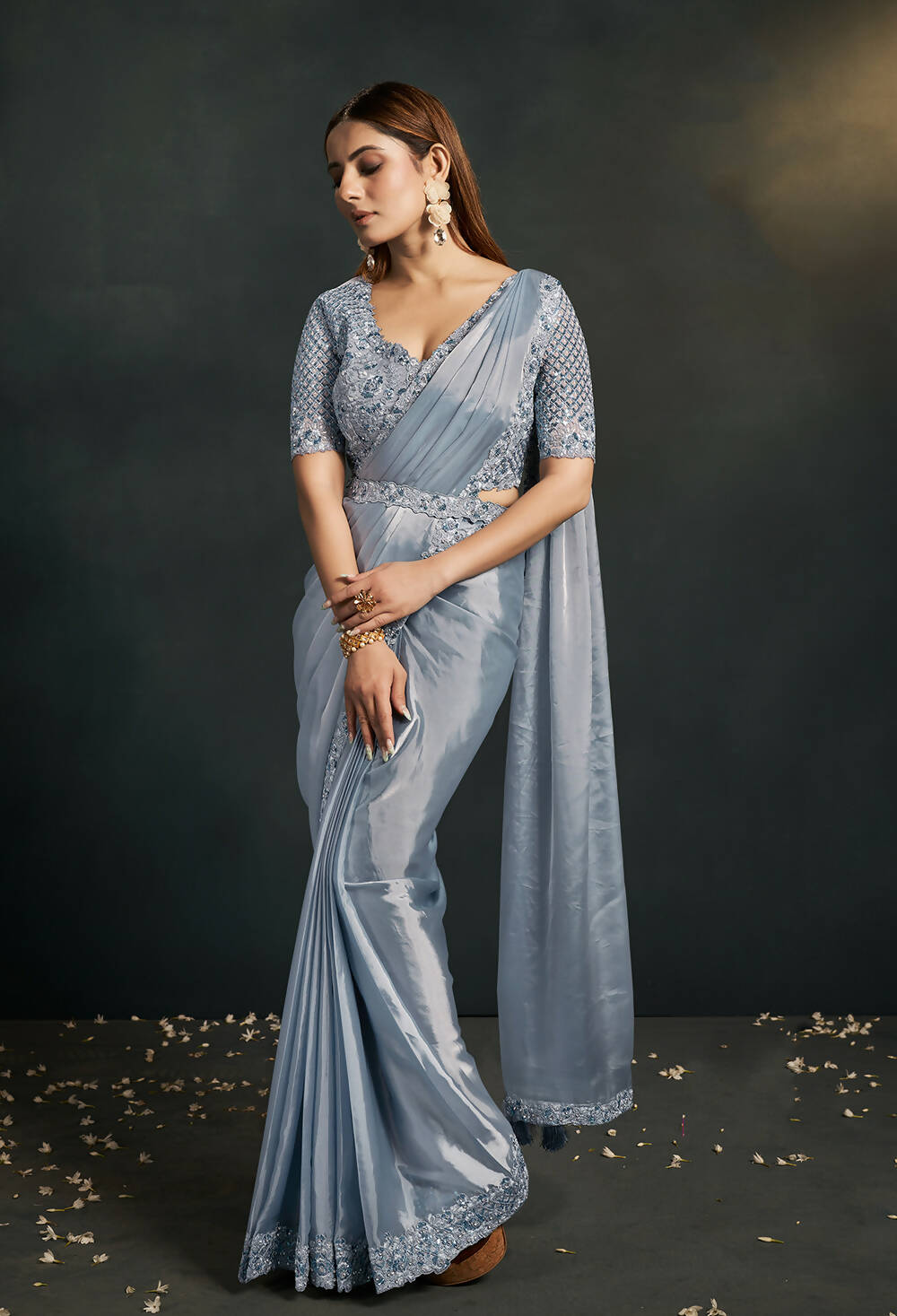 Grey Silk Crepe Satin Cord Sequence & Thread Embroidered & Stone Work Saree - Moh-Manthan Royal Enigma | Grocsy