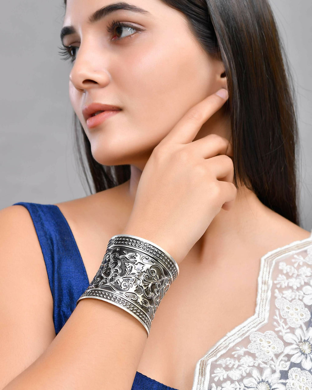 VOJ Silver Plated Oxidised Cuff Bracelet | Grocsy