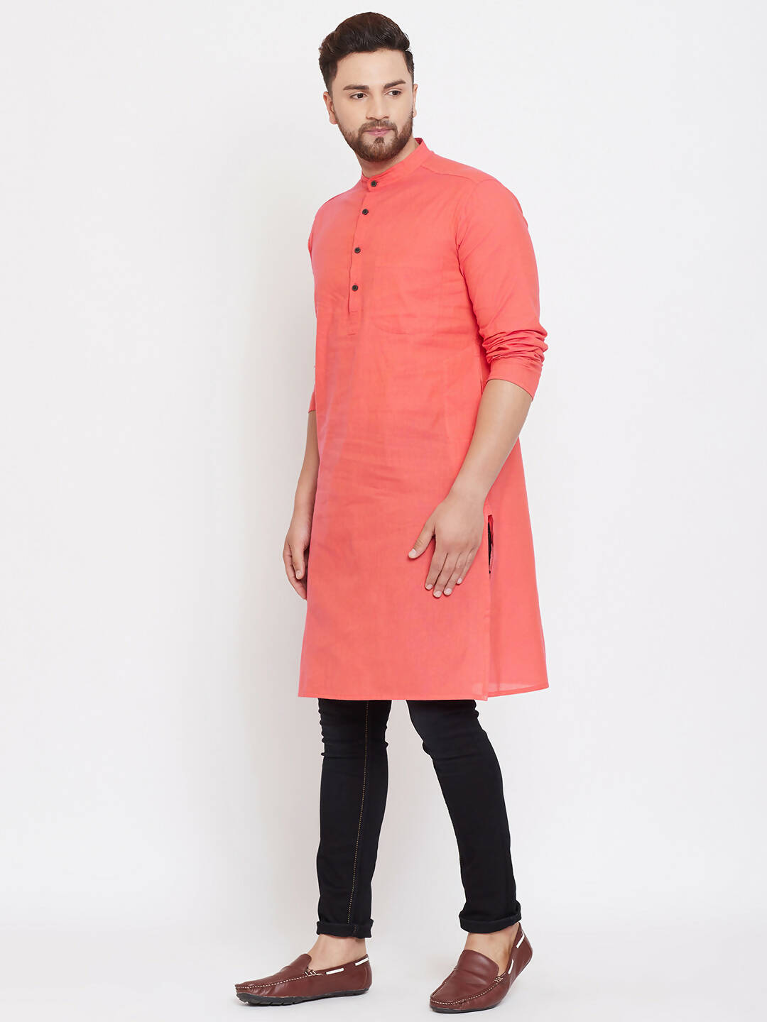 Even Apparels Red Pure Cotton Men's Kurta With Band Collar | Grocsy