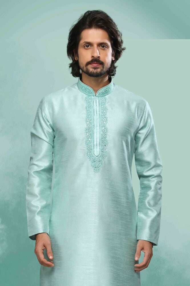 Raivat Ethnic Art Silk Mirror Embroidery Work Kurta Pajama In Pista Green Colour | Grocsy