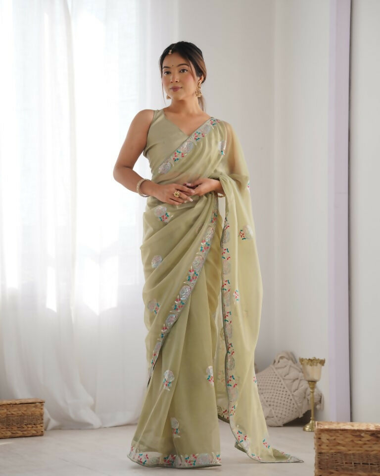 Pista Gold Twill Net Multy Thread, Sequance Embroidery Work Saree - Kriti | Grocsy