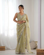 Pista Gold Twill Net Multy Thread, Sequance Embroidery Work Saree - Kriti | Grocsy