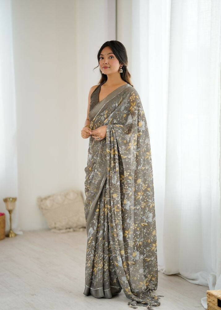 PR Fashion Grey Bright Moss Satin Patta Printed Saree | Grocsy