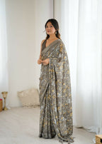 PR Fashion Grey Bright Moss Satin Patta Printed Saree | Grocsy