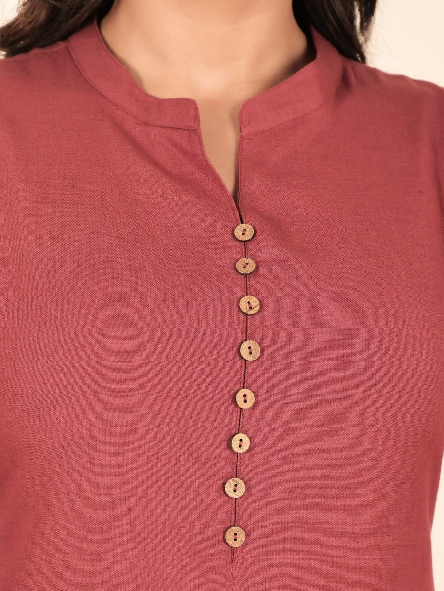 Aramya Pink Linen Cotton Solid Print Straight Kurta Set for Women | Grocsy