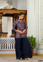 Designer Stylish Navy Blue Dull satin Stitched Suit With Dupatta - Samya | Grocsy
