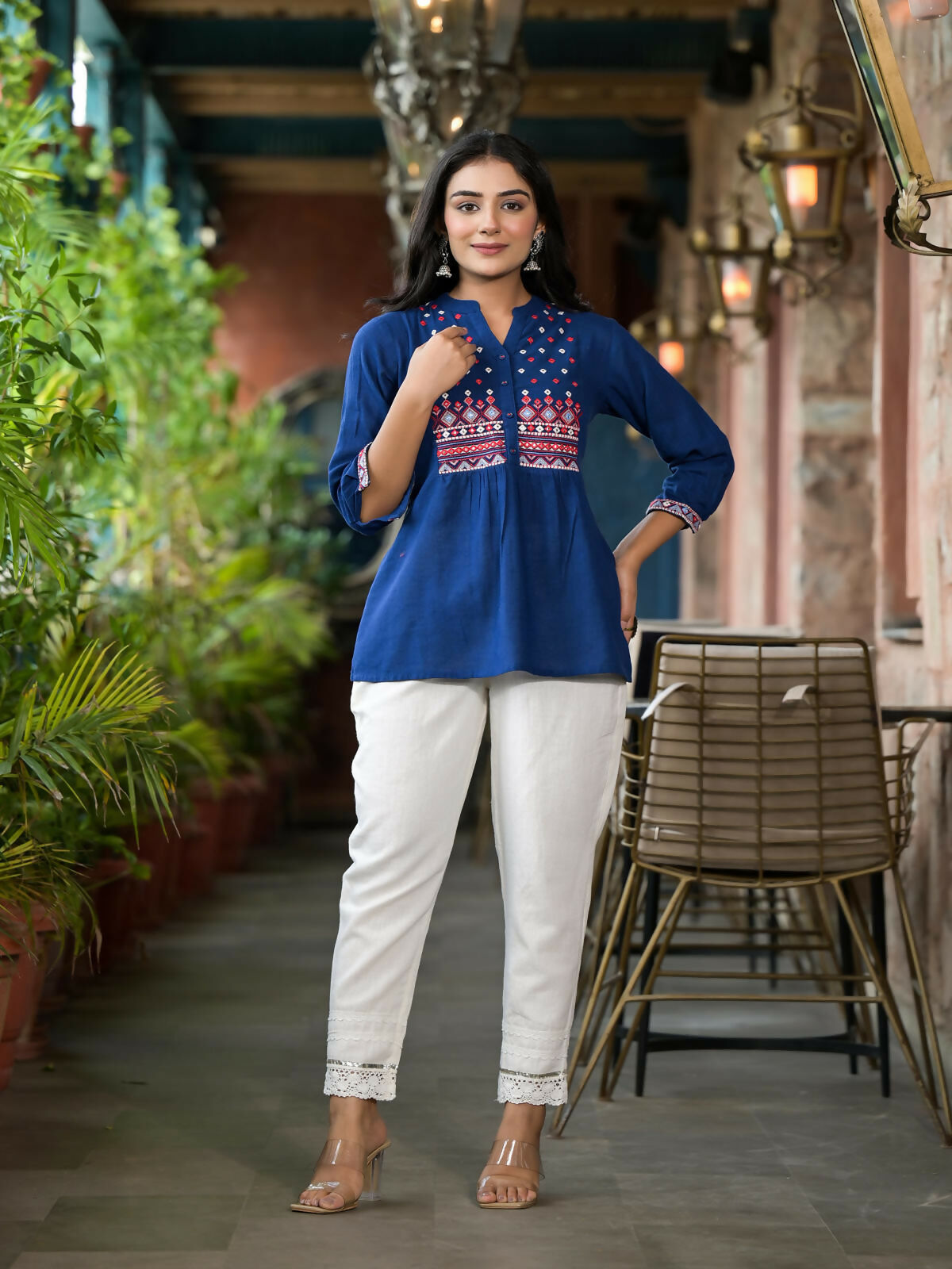 Juniper Women's Blue Solid Cotton Short Tunic With Thread & Mirror Work | Grocsy