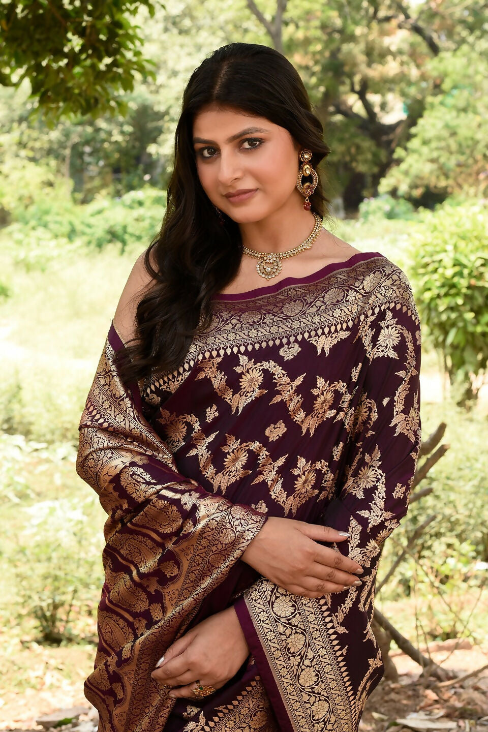 Joban Fashion Wine Banarasi Soft Pure Handloom Banarasi Silk Saree | Grocsy