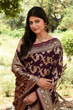Joban Fashion Wine Banarasi Soft Pure Handloom Banarasi Silk Saree | Grocsy