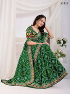 Green Vichitra Silk Bandhani Printed, Embroidery Work Saree - Ditya | Grocsy