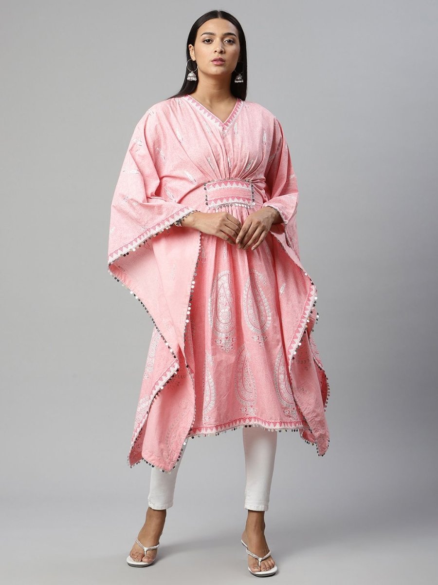 Ahalyaa Women Pink Pure Cotton Printed Kaftan Kurta | Grocsy