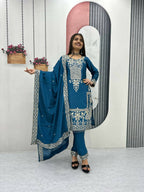 Teeya Creation Womens New Wedding Wear Heavy Embroidery Thread Work Teal Kurta Set | Grocsy