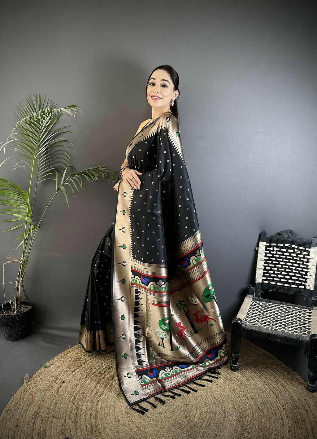 Joban Fashion Black Peacock & Floral Motifs Soft Lichi Silk Kanchipuram Saree | Grocsy
