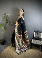 Joban Fashion Black Peacock & Floral Motifs Soft Lichi Silk Kanchipuram Saree | Grocsy