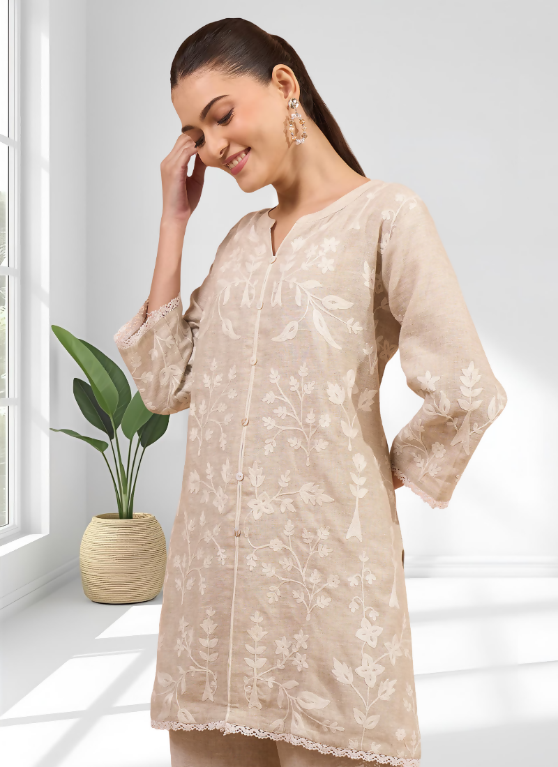 Joban Fashion Beige Linen Embroidered Readymade Cord Set | Grocsy