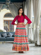 Juniper Women's Multi Ethnic Motif Printed Cotton Crop Top And Skirt With Lace & Button Detail | Grocsy