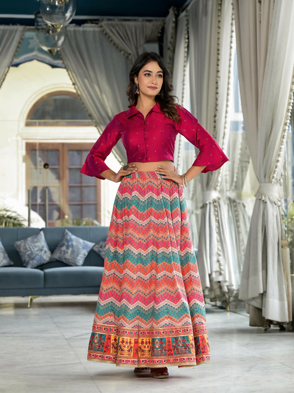 Juniper Women's Multi Ethnic Motif Printed Cotton Crop Top And Skirt With Lace & Button Detail | Grocsy