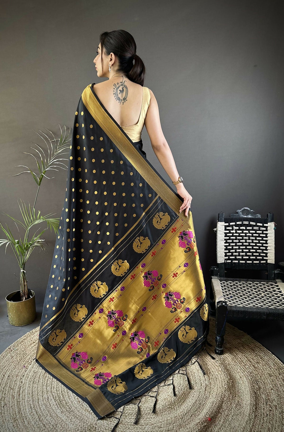 Joban Fashion Black Polka Dot Lichi Silk Paithani Silk Saree | Grocsy