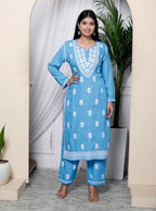 Miravan Women's Chikankari Embroidery Sky Blue Straight Kurta And Palazzo | Grocsy