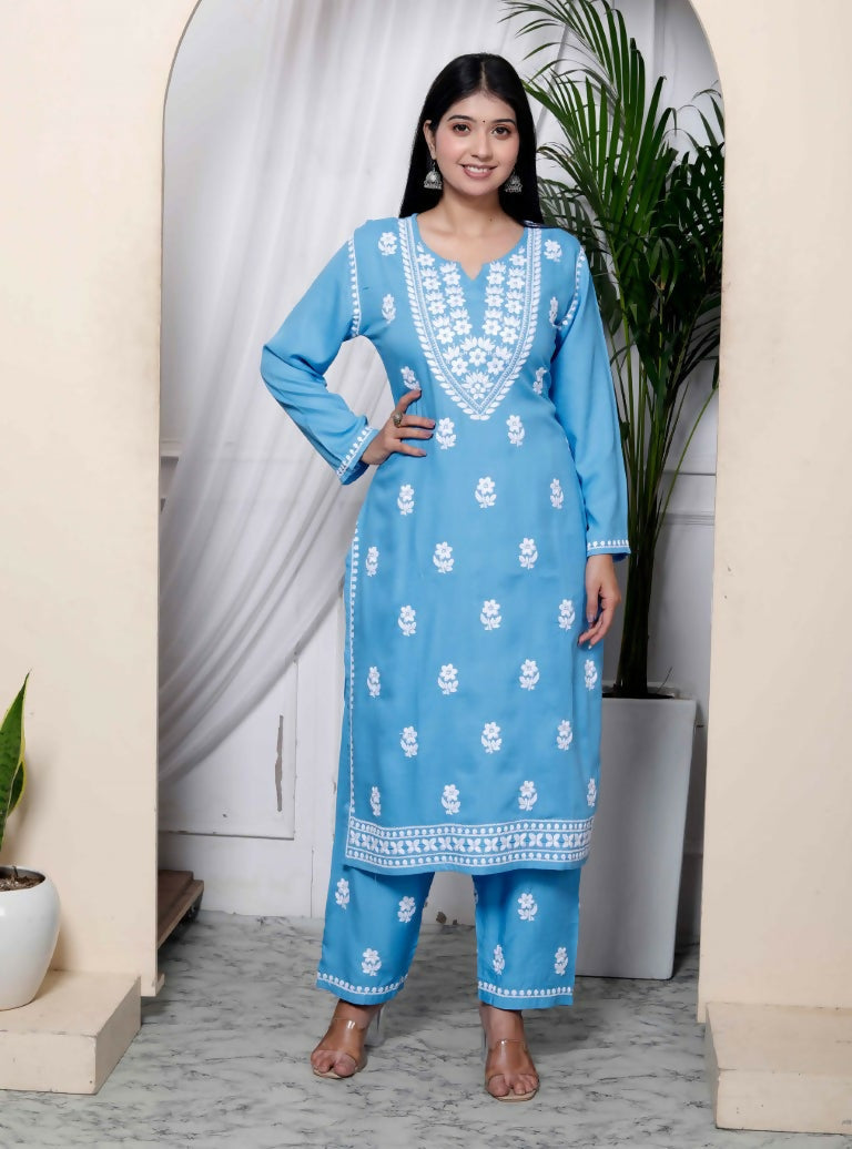 Miravan Women's Chikankari Embroidery Sky Blue Straight Kurta And Palazzo | Grocsy