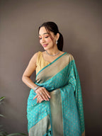 Joban Fashion Teal Green Jacquard Butti Soft Lichi Silk Paithani Saree | Grocsy