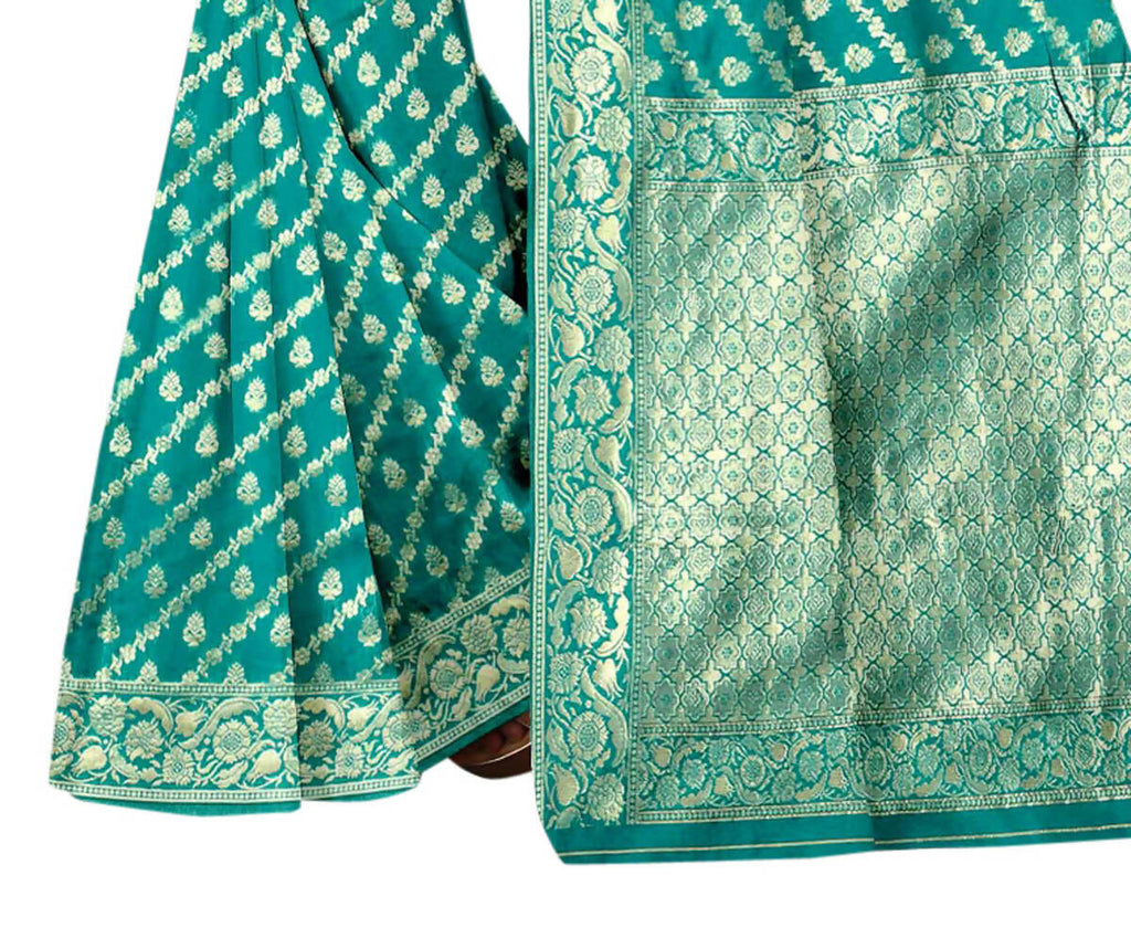 Vamika Weaving Banarasi Jacquard Rama Green Saree | Grocsy