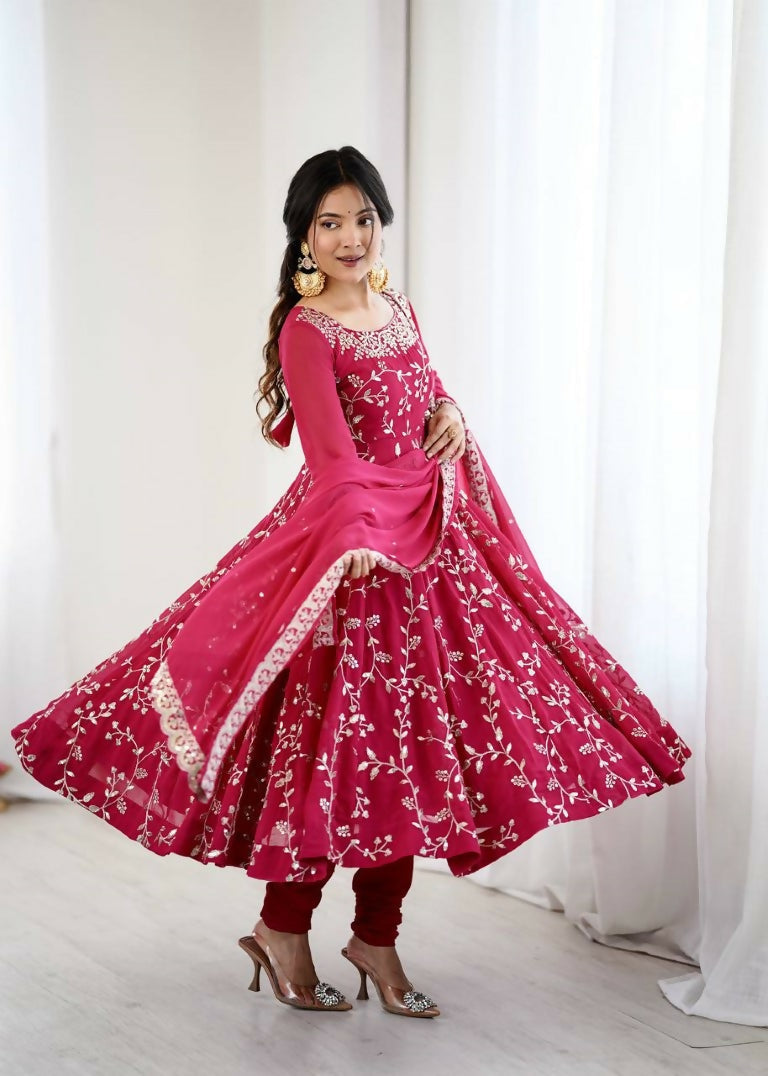 Teeya Creation Red Color Heavy Faux Georgette Embroidery Work Gown | Grocsy