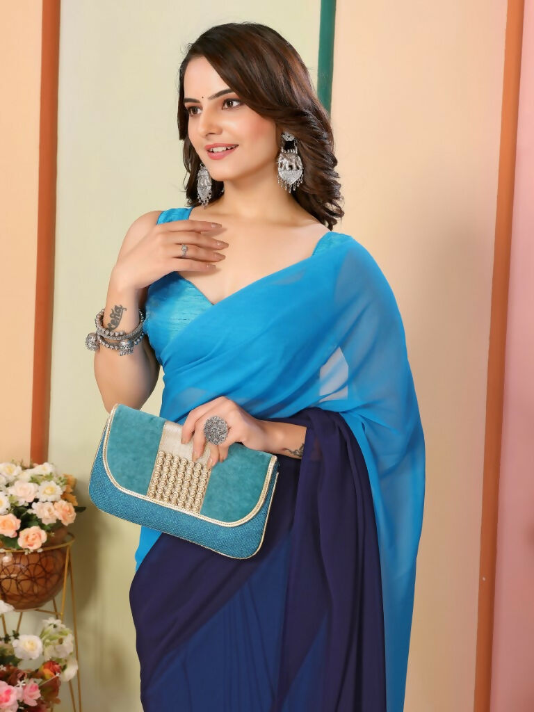 Blue Georgette Pedding Color Printed Ready To Wear Saree - Aalaya | Grocsy