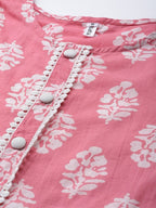 Yufta Pink and White Block Print A-line kurta with Palazzo & Dupatta Set | Grocsy