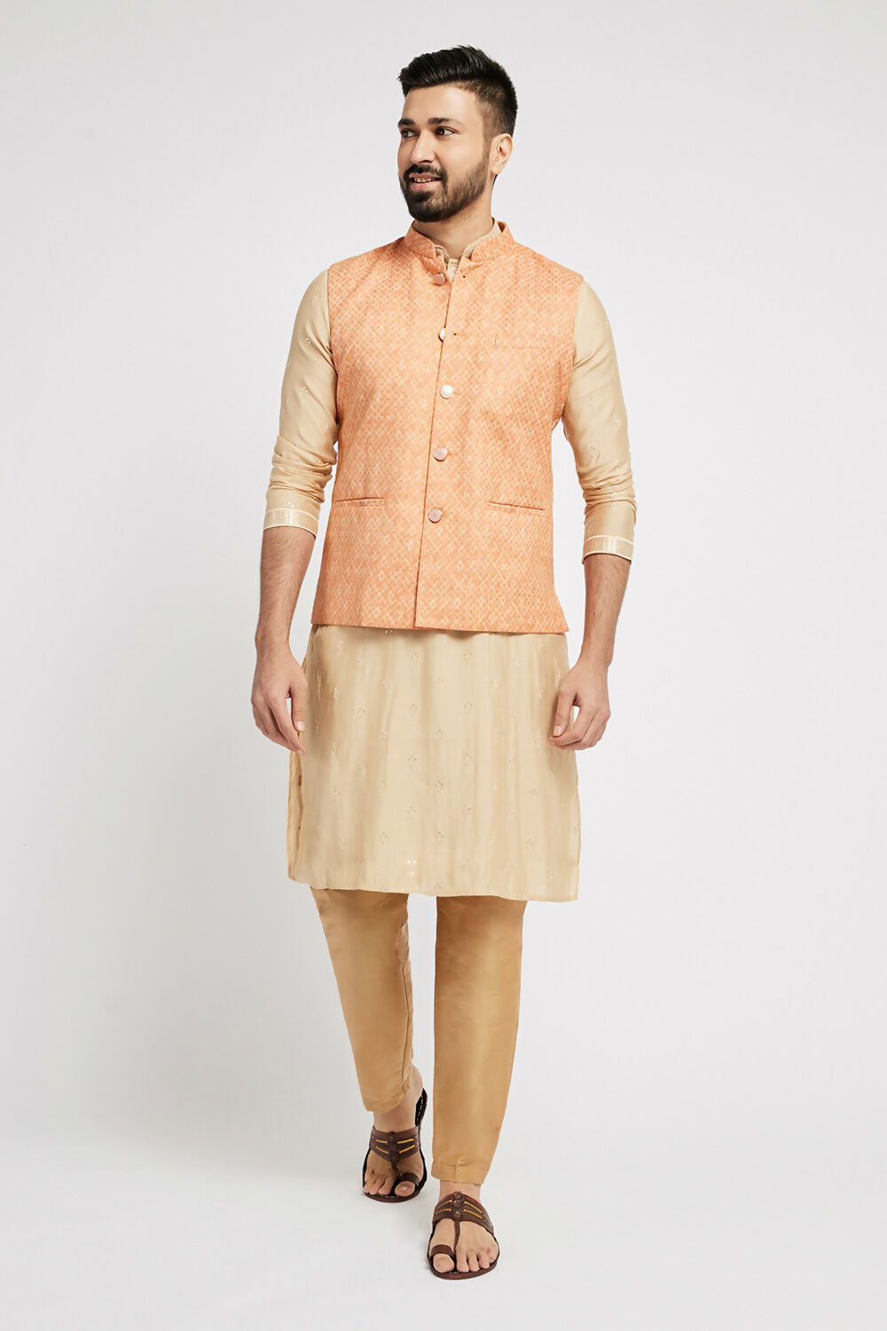 Ethnic India Orange Bundi Men's Jacket Abstract Blended | Grocsy