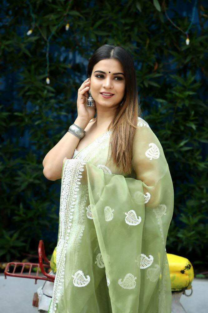 Vamsee Cotton Kerry Green Organza Saree | Grocsy