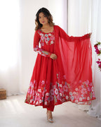 The52 Women's Gorgeous Floral Printed Organza Silk Fabric Flared Anarkali Pant and Dupatta Set | Grocsy