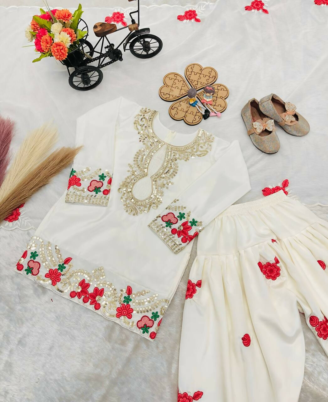 Teeya Creation New Kids Trendy Wedding Wear Traditional Kurta Salwar Set-Beige | Grocsy