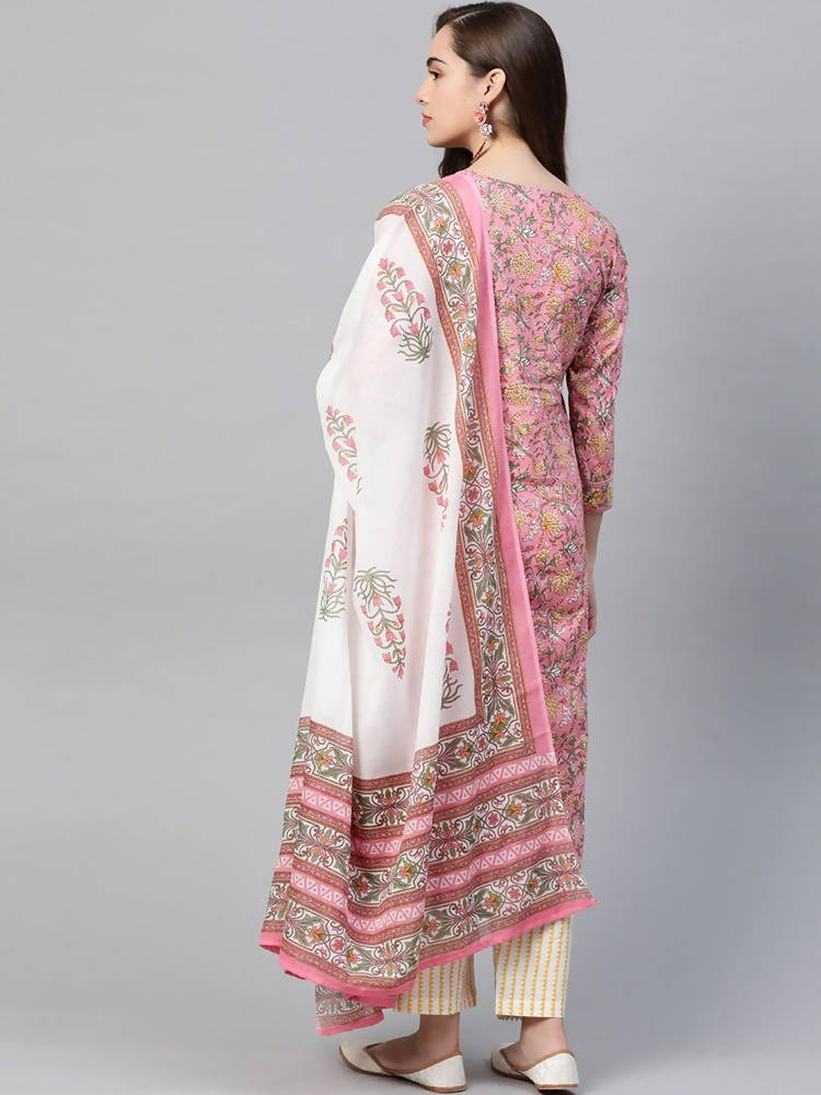 Yufta Women Pink & Yellow Handblock Printed Pure Cotton Kurta with Trouser & Dupatta | Grocsy