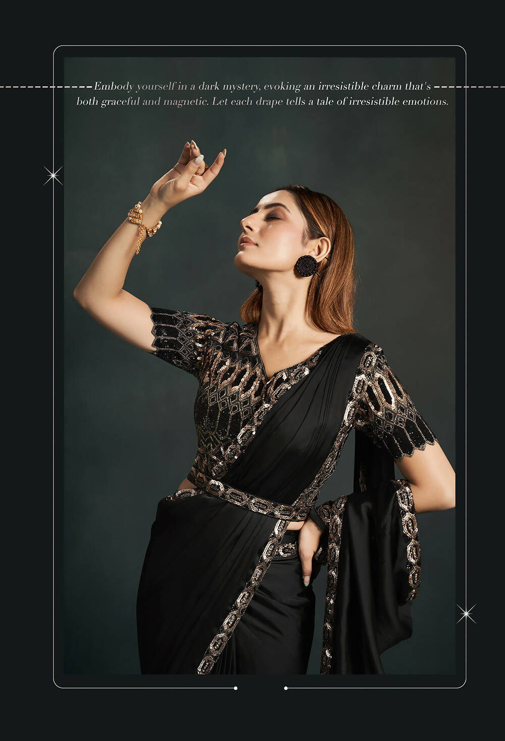 Black Satin Silk Crepe Cord Sequence & Thread Embroidered & Stone Work Saree - Moh-Manthan Royal Enigma | Grocsy