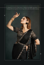 Black Satin Silk Crepe Cord Sequence & Thread Embroidered & Stone Work Saree - Moh-Manthan Royal Enigma | Grocsy