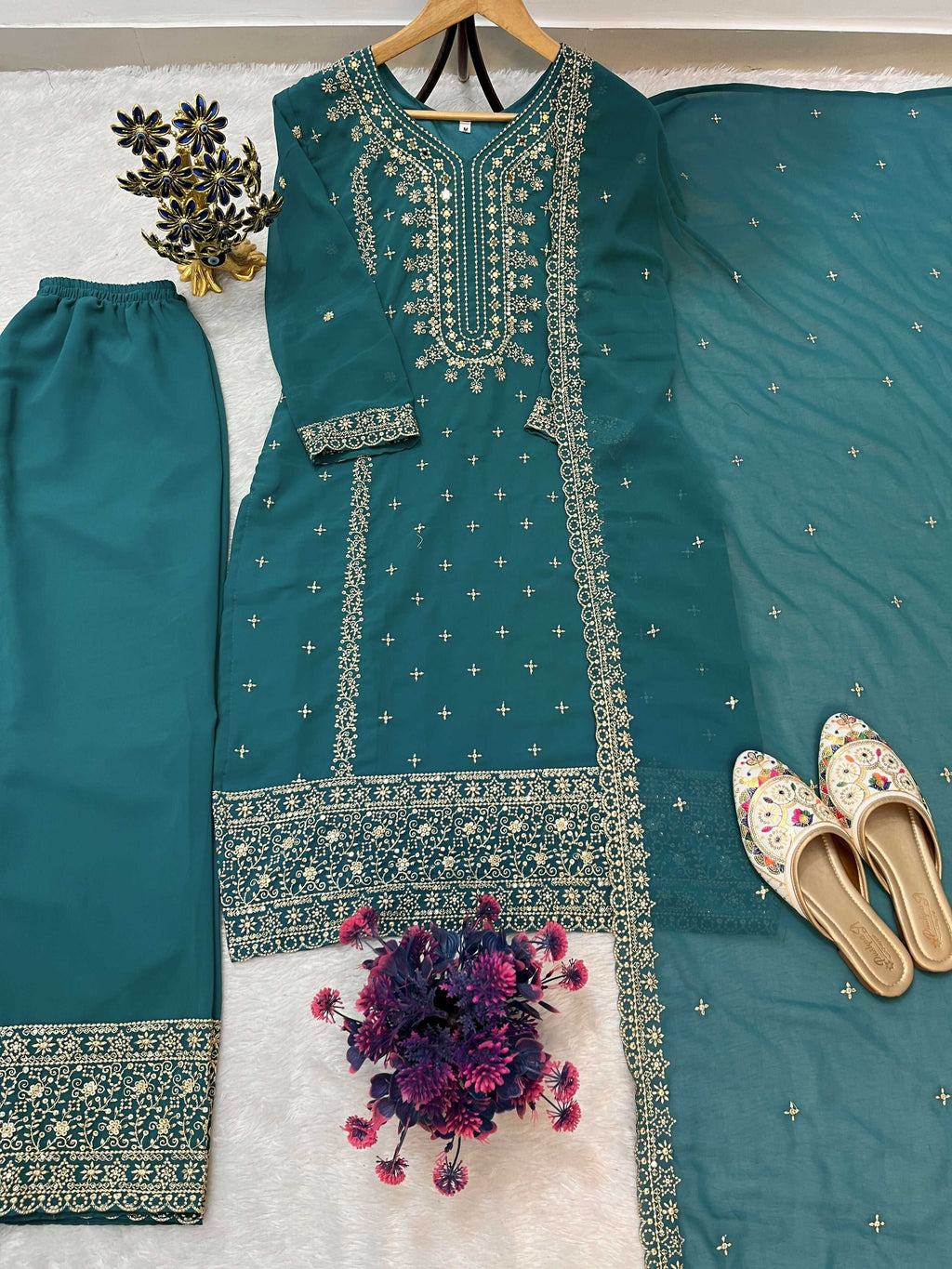 Teeya Creation Teal Color Faux Georgette Embroidery Work Party Wear Salwar Suit | Grocsy