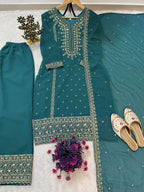 Teeya Creation Teal Color Faux Georgette Embroidery Work Party Wear Salwar Suit | Grocsy